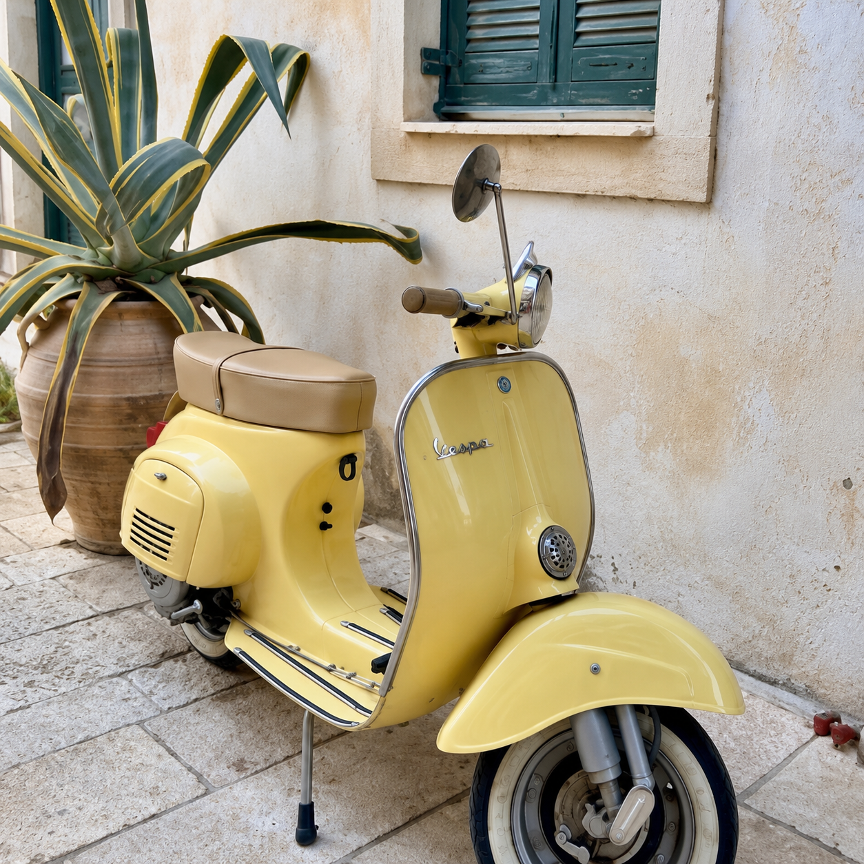 Vintage yellow Vespa parked against a whitewashed wall