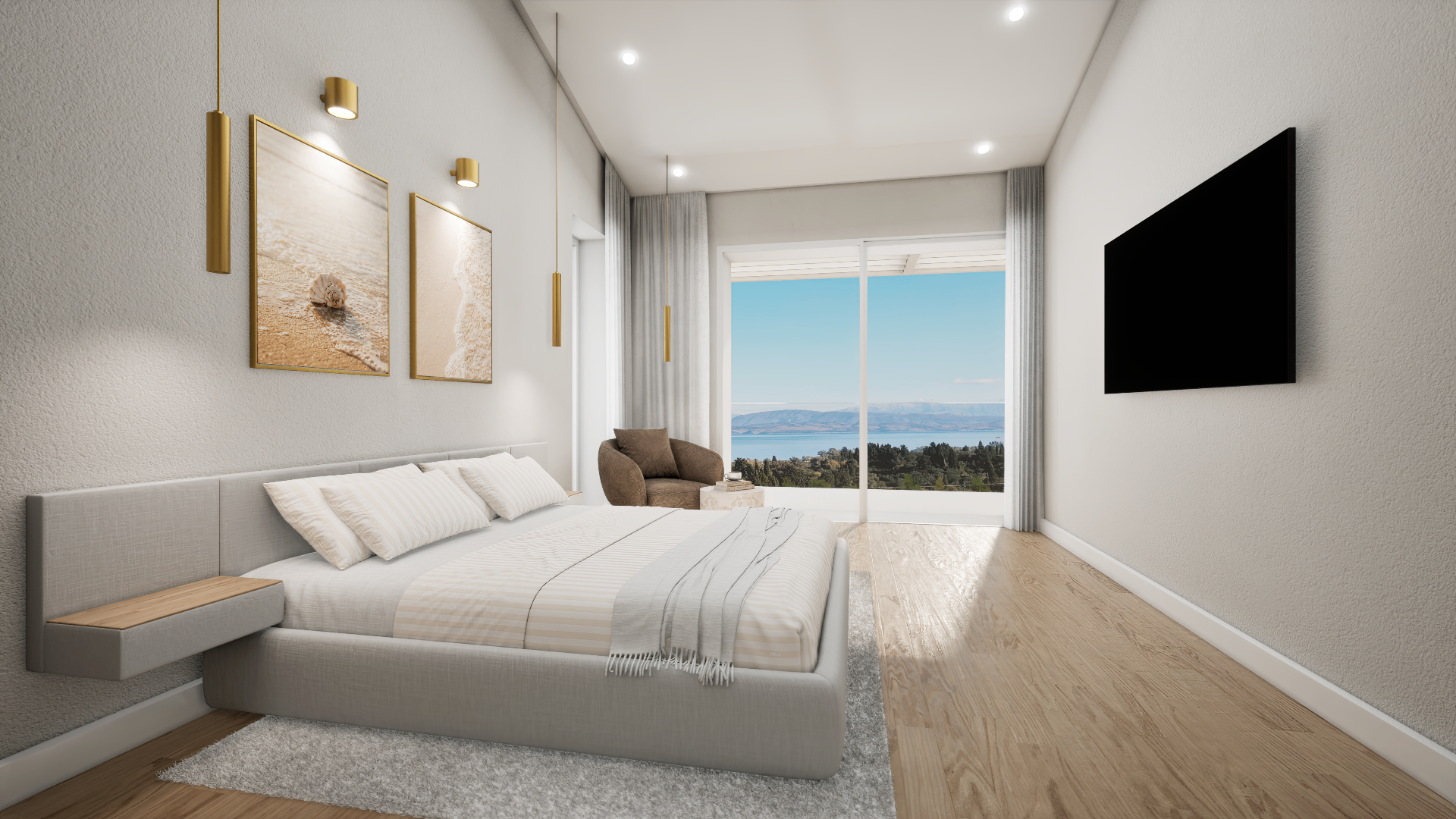 Master bedroom with sea and mountain view