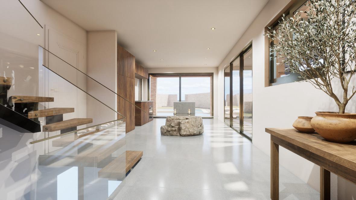 Interior hallway with stone fountain