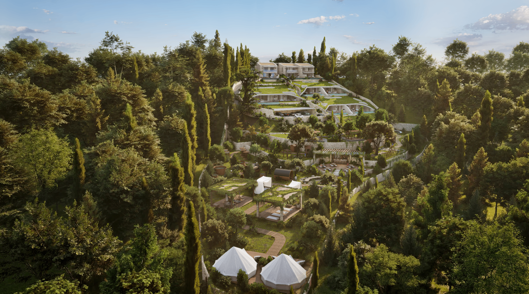 Aerial view of the hillside villas and gardens