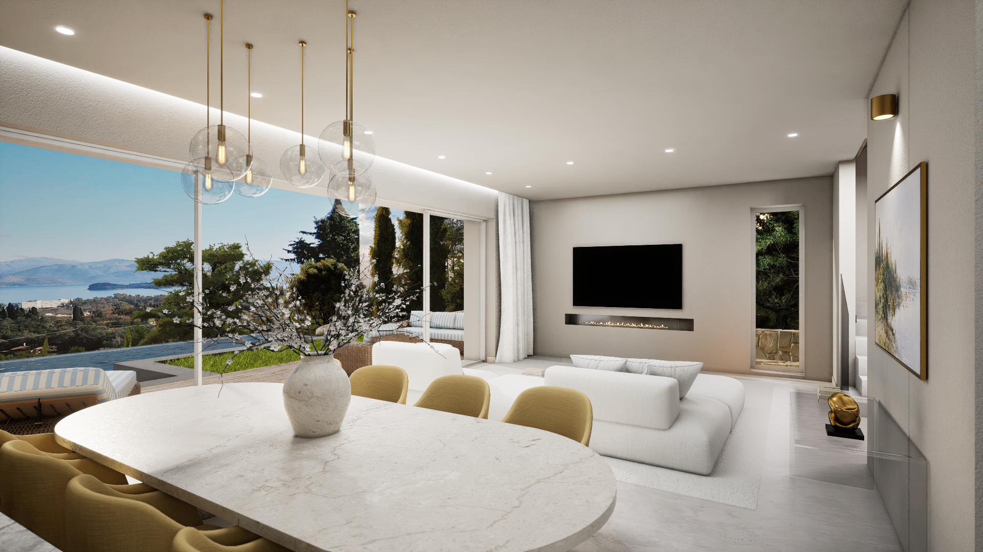 Open-plan living and dining with panoramic view