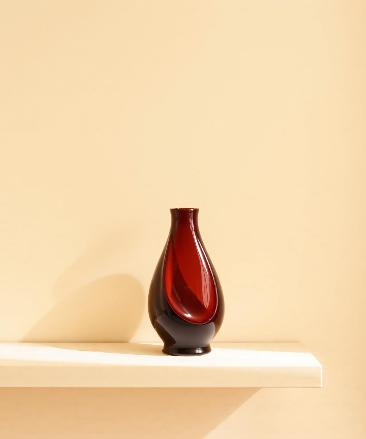 Dark amber ceramic art vase on a cream pedestal